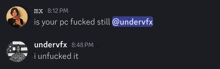 a screenshot of a conversation between undervfx and mx