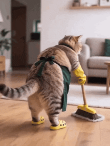 a cat wearing a green apron and yellow gloves is sweeping the floor with a mop