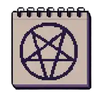 a pixel art drawing of a pentagram in a spiral notebook