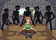 a pixel art of a girl sitting on a couch with endermen standing around her .