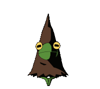 a frog is wearing a brown hat with a green face