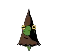 a frog is wearing a brown hat with a green face