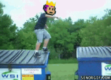 a man is jumping over a dumpster that says wsi on the side