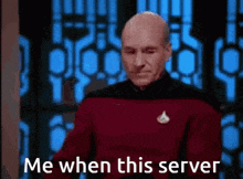 a bald man in a red uniform says " me when this server "