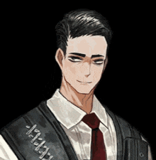 a drawing of a man wearing a shirt and tie with a black vest that says ' ae ' on it