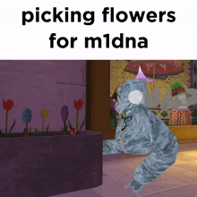 a cartoon cat is picking flowers in a pot