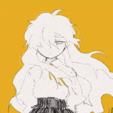 a black and white drawing of a girl with long white hair and a yellow background .