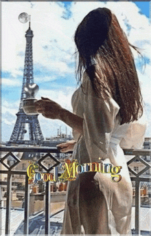 a woman standing on a balcony holding a cup of coffee with the words good morning written on the bottom