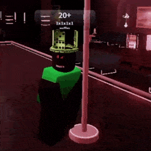 a video game character is standing next to a pole with a sign that says 20+