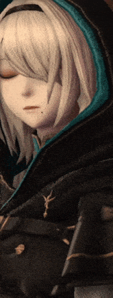 a close up of a person 's face with a hood on
