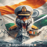a tiger wearing an indian navy hat stands in front of a flag