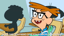 a cartoon character is sitting at a desk with the words " does the lightning give him electrical powers " on the bottom