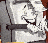 a cartoon drawing of a refrigerator with a face and hands pointing