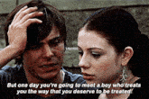 a man and a woman are looking at each other with a caption that says but one day you 're going