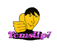 a cartoon of a man giving a thumbs up with the word toms up in the background