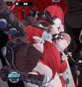 a girl with red hair is holding a sword in a video game with a score of 6/6