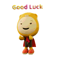 a cartoon character with the word good luck written above him