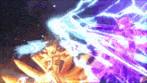 a screenshot of a video game with a purple and blue lightning bolt coming out of a person 's mouth .