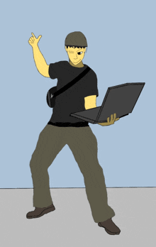 a cartoon of a man holding a laptop and giving the thumbs up