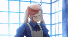 a girl wearing glasses and an apron is standing in front of a window in a room .