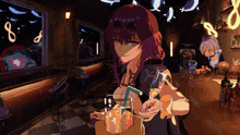 a cartoon drawing of a woman holding a drink and a straw with the number 8 on it