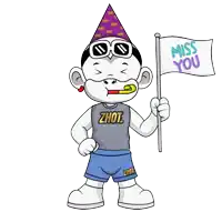 a cartoon character is wearing a party hat and holding a flag that says miss you
