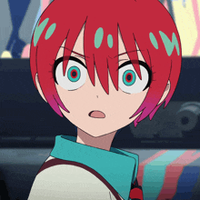 a close up of a girl with red hair and green eyes