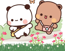 two teddy bears are standing next to each other in a field of flowers with a butterfly in the background