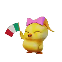 a yellow chicken with a pink bow on its head holds a small flag