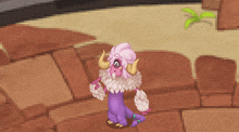 a purple and white monster with horns is standing on a staircase