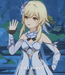 a girl in a white dress is waving her hand and the words cici wave are below her