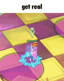 a cartoon character is standing on a checkered floor and the words get real are above it