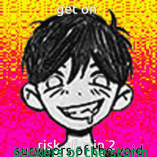 a black and white drawing of a boy with a smiley face on a colorful background