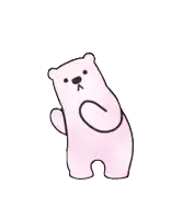 a pink teddy bear is standing on its hind legs and looking at the camera .