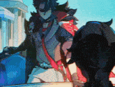 a cartoon drawing of a man with a sword standing next to another man