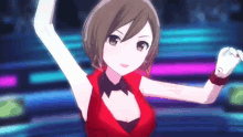 a girl in a red dress is dancing in a video game with her arms outstretched .