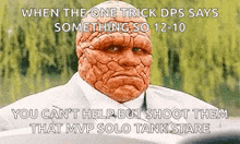 a man with a cracked face is sitting in a car with a caption that says when the one trick dps says something