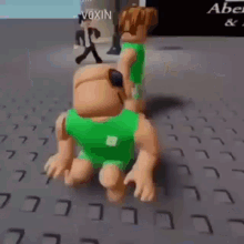 a couple of cartoon characters are standing on a brick floor .