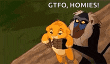 a lion and a baboon from the lion king are standing next to each other on a hill .