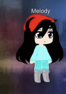 a girl with long black hair and a red hat is standing in front of a dark background .