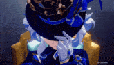 a person wearing a blue hat and white gloves is sitting on a chair .