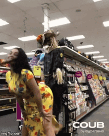 a woman in a yellow dress is dancing in a store with coub written on the bottom right