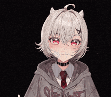 a girl with white hair and red eyes is wearing a choker and a hoodie that says akira on it