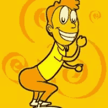 a cartoon character is squatting on a yellow background .