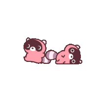 two pink raccoons are laying on their backs on a white background