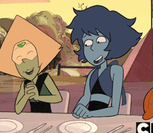 two cartoon characters are sitting at a table with plates and utensils and a cn logo in the corner