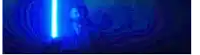 a person is holding a blue lightsaber in the dark .