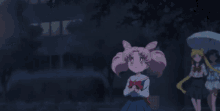 a girl with pink hair and a red bow on her head