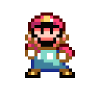 a pixel art drawing of mario wearing a pink hat and a blue shirt .