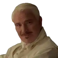 a man with white hair and a mustache wearing a white shirt